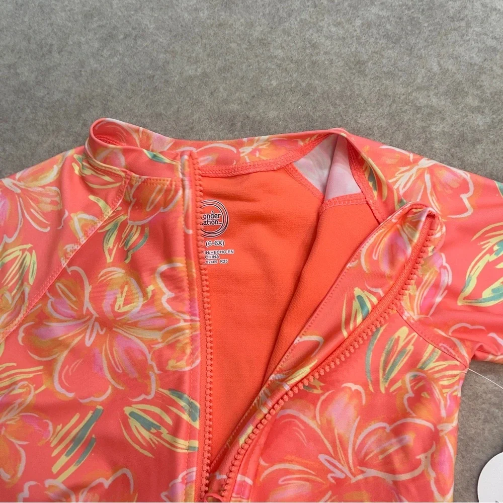 Wonder Nation Rashgaurd Orange Floral 1 Piece Swimsuit Girls size S(6-6X) New